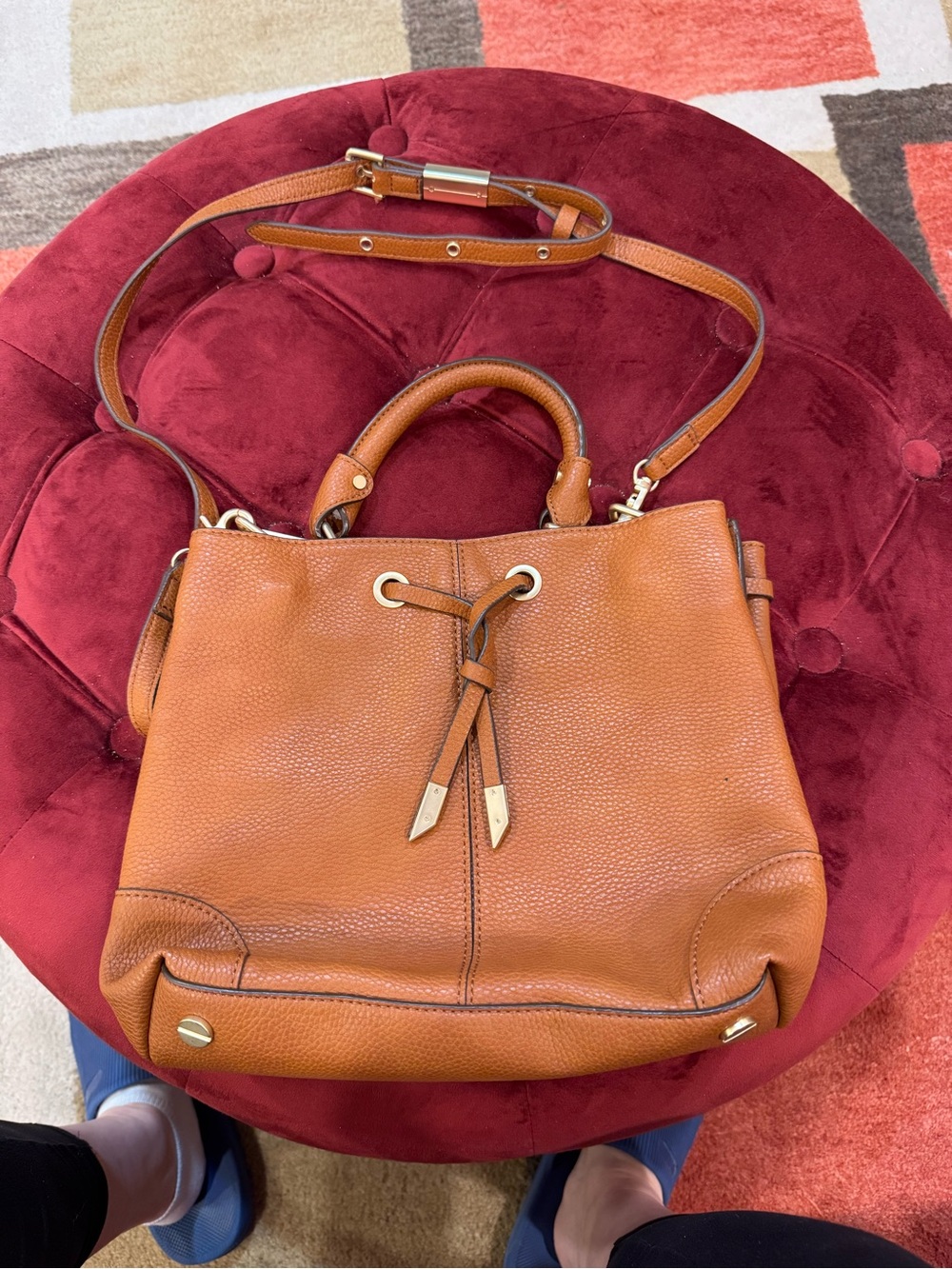 Foley + Corinna Cognac Leather Bucket Bag — 8” x 11” x 5”
